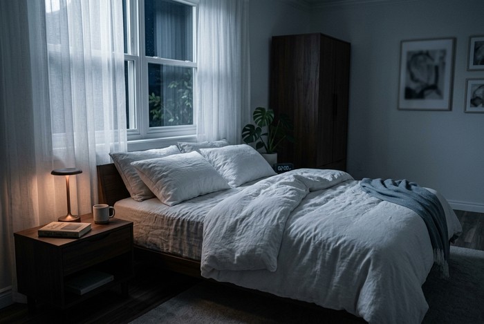 Ruhiges Schlafzimmer bei Nacht mit Mondlicht