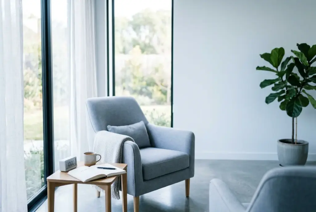 Helles Therapiezimmer mit Notizbuch - CBT-I Grundlagen