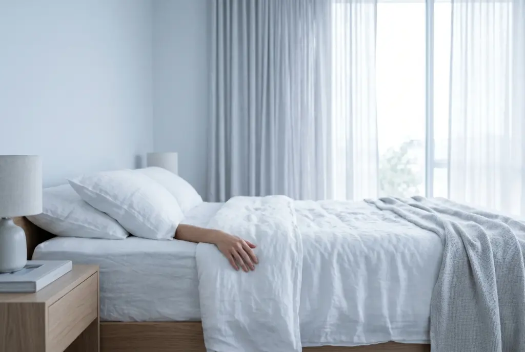 Schlafzimmer mit grauer Decke und kühlem Licht