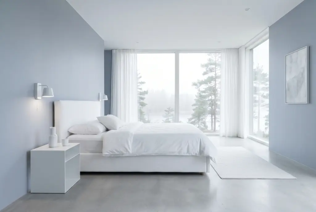Helles Schlafzimmer mit Sicht auf winterliche Landschaft