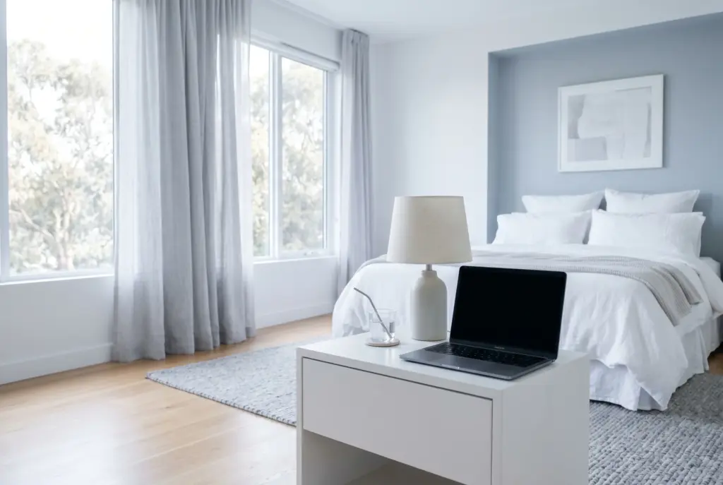 Helles Schlafzimmer mit Laptop auf Nachttisch