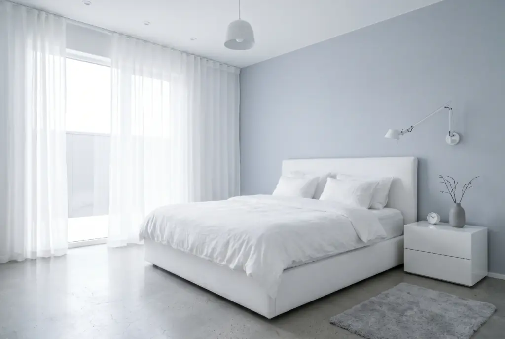 Helles Schlafzimmer mit weissem Polsterbett und kühlem Licht