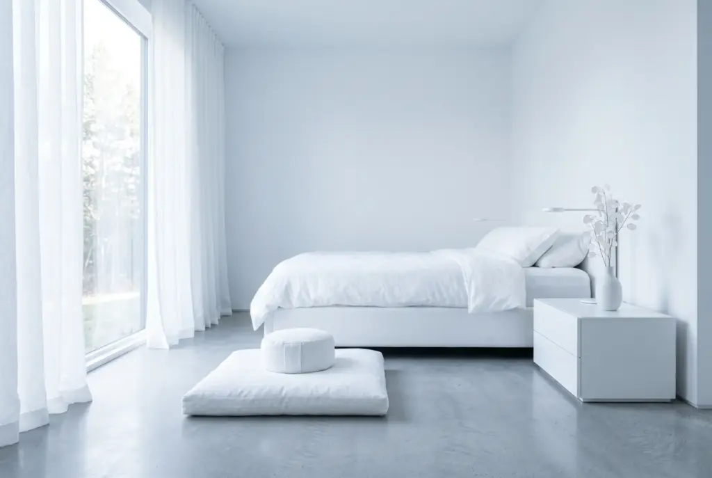 Heller Schlafzimmer Raum mit Meditationsbereich