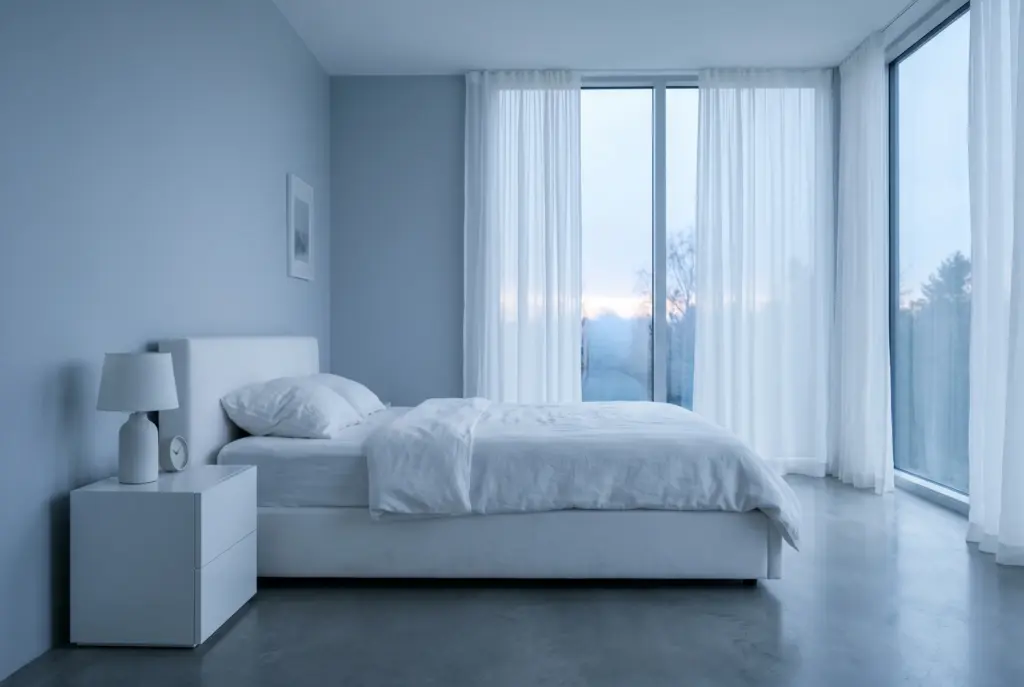 Helles Schlafzimmer mit weisser Bettwäsche und diffusesm Licht