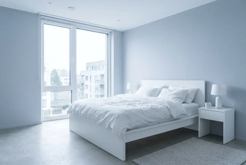Minimalistisches Schlafzimmer mit Beton und weisser Decke