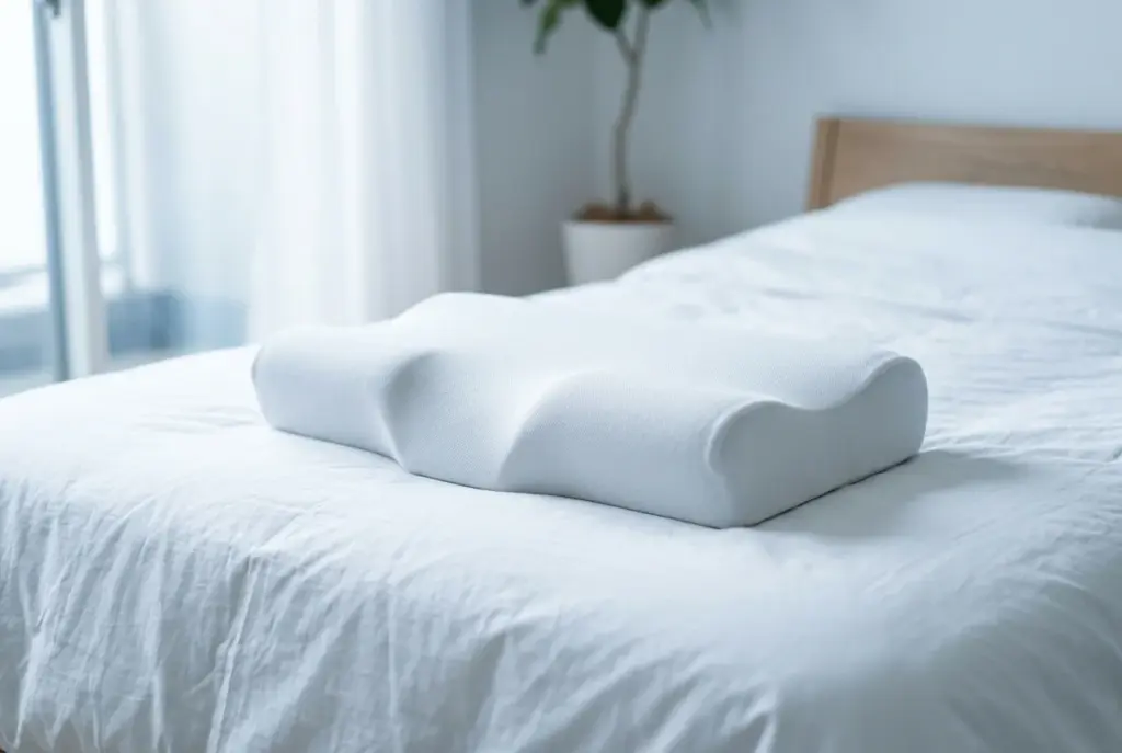 Ergonomisches Nackenstützkissen auf weissem Bett